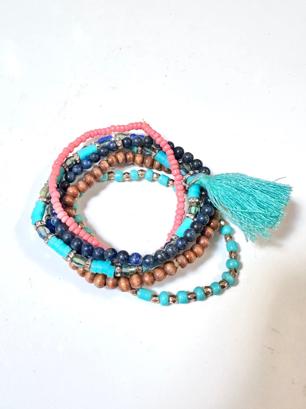 💫 3/$30 💫 Turquoise Coral & Blue Boho Stretch Beaded Bracelet Stack, Festival